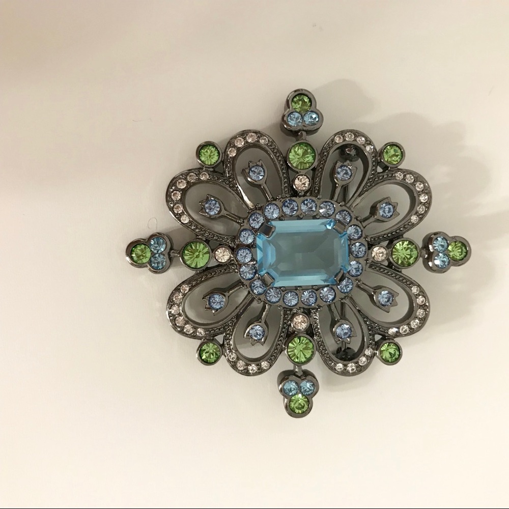 Vintage Brooch with Blue and Green  Rhinestones